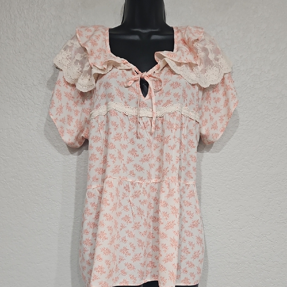 Evenie | Women's Chic Floral Orange Ivory Lace Loungewear Pajama Top M